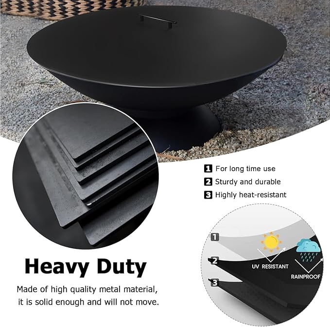 28" Fire Pit Lid Round Outdoor Fireplace Cover Lid Heat Resistant Flat Burner Pan Cover for Round Patio Fire Pit Prevent Sparks, Snuff Campfire