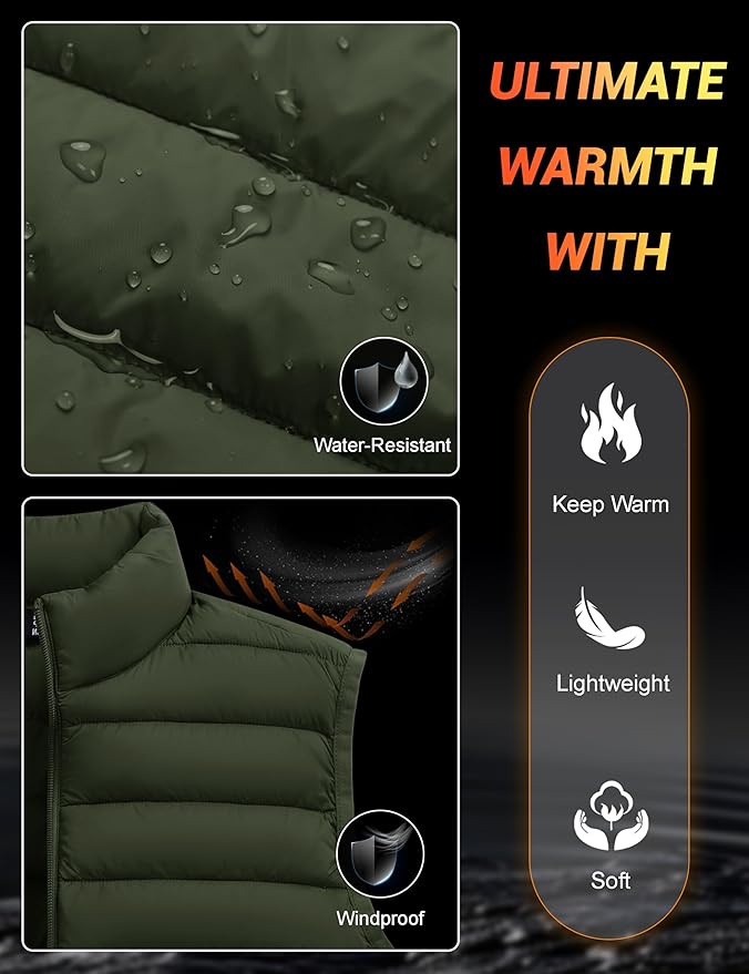 Cotrasen Men's Puffer Lightweight Vest Packable Outerwear Vest Warm Winter Outdoor Sleeveless Jacket for Travel Running