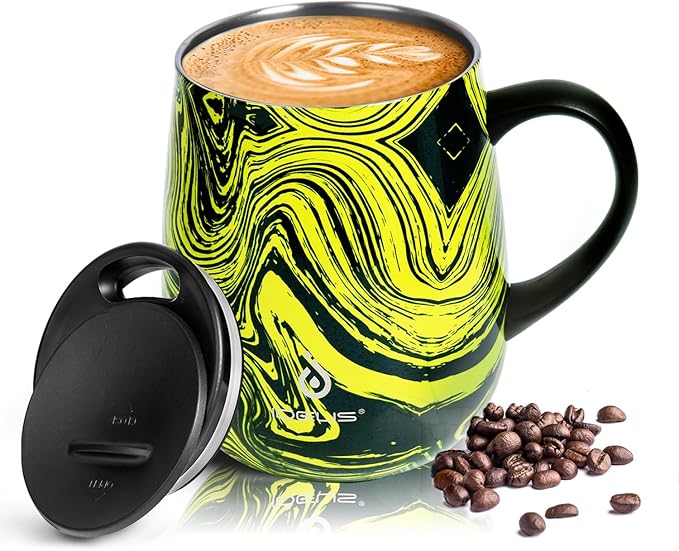Ideus 16 oz (470 ml) Insulated Coffee Mug with Handle and Lid, Double Wall Stainless Steel Vacuum Thermal Coffee Mug, Travel Coffee Cup Thermal Cup for Home and Office (Yellow Zebra)