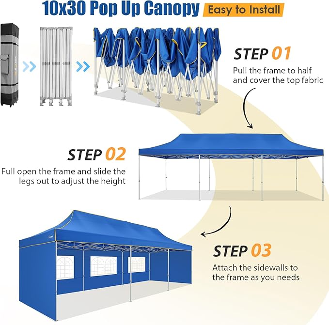 HOTEEL 10x30 Pop up Canopy Tent for Parties, Heavy Duty Easy Setup Tent with 5 Sidewalls, Outdoor Commercial Instant Gazebo for Wedding Event, with Roller Bag & Sand Bags, Blue(Hexagonal Frame)