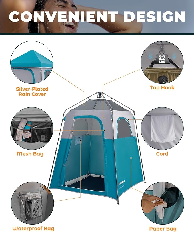 KingCamp Instant Shower Tent, Portable Superior Stable Privacy Shelter, Large Room Outdoor Toilet Tent with Floor for Beach, Camping & Hiking, Setup in Under 60s