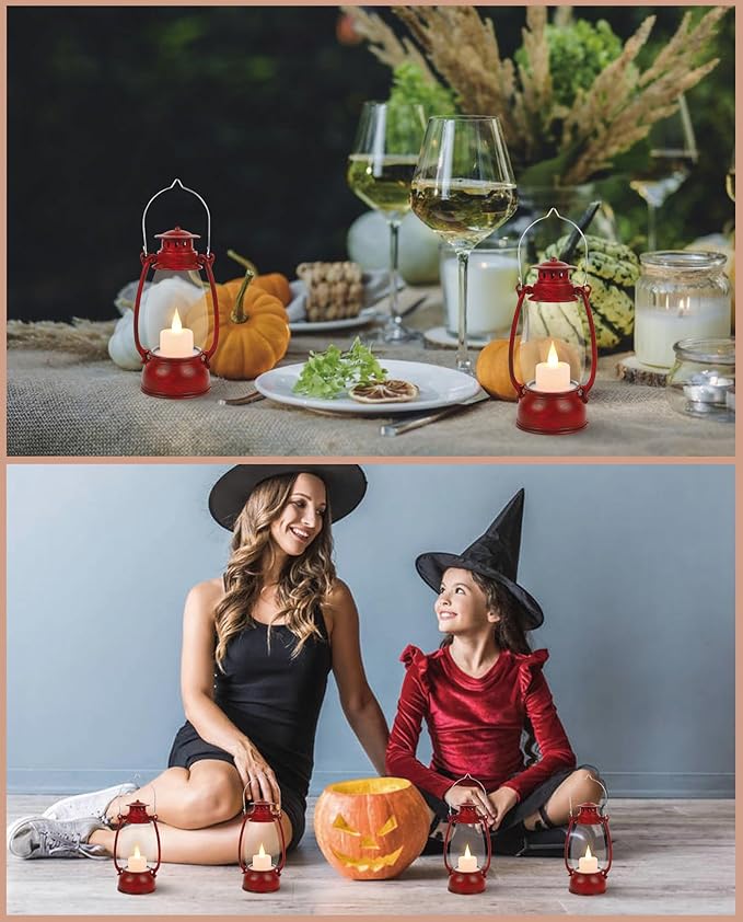 LLQ Small Red Lanterns Decorative with Remote, 7-inch Vintage Western Lanterns with Flickering LED Candle, Camping Decorations, Western Party Decorations, Christmas Centerpieces for Tables, 4-Pack