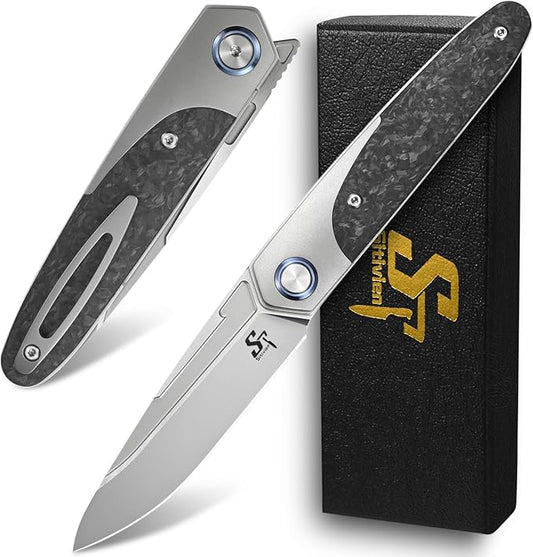 Sitivien ST992 Folding Pocket Knife,Handmade M390 Pearlescent Brushed Steel Blade,Titanium Carbon Fiber Handle EDC Tool Knife for Outdoor Camping,Hiking,Survival,Hunting(Gray) …