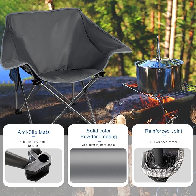 2 Pack Portable Camping Chair Compact Collapsible Outdoor Folding Sports Chairs for Adults Heavy Duty Camp Sporting Events Park Lawn 400 Lbs Grey