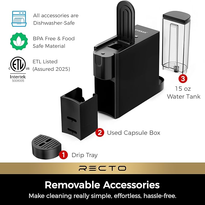 CHULUX RectoCafé Espresso Machine for Nespresso Original Capsule Pod, 20 Bar Professional Italian Pump Coffee Machine, Extra Mini Espresso Maker for Home & Office, Black