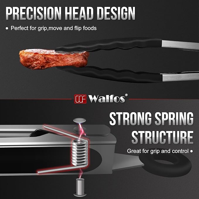 Walfos Kitchen Tongs - Heat Resistant Cooking Tongs Set of 3, Stainless Steel and BPA Free Silicone Tips, Great for Cooking, Grilling, Turning, 7" 9" and 12" (3 black silicone tongs)