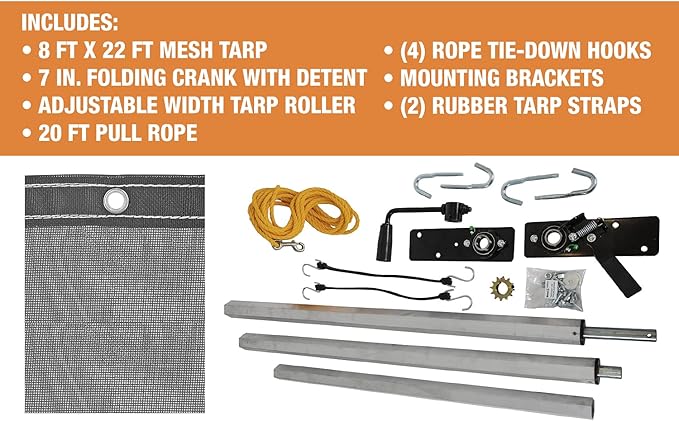 Buyers Products DTR8022 Manual Alumium Tarp System, 8 FT x 22 FT Mesh Tarp, Without Deflector, Dump Body Tarp Kit, Dump Trailer Accessories, Dump Body Accessories, Black