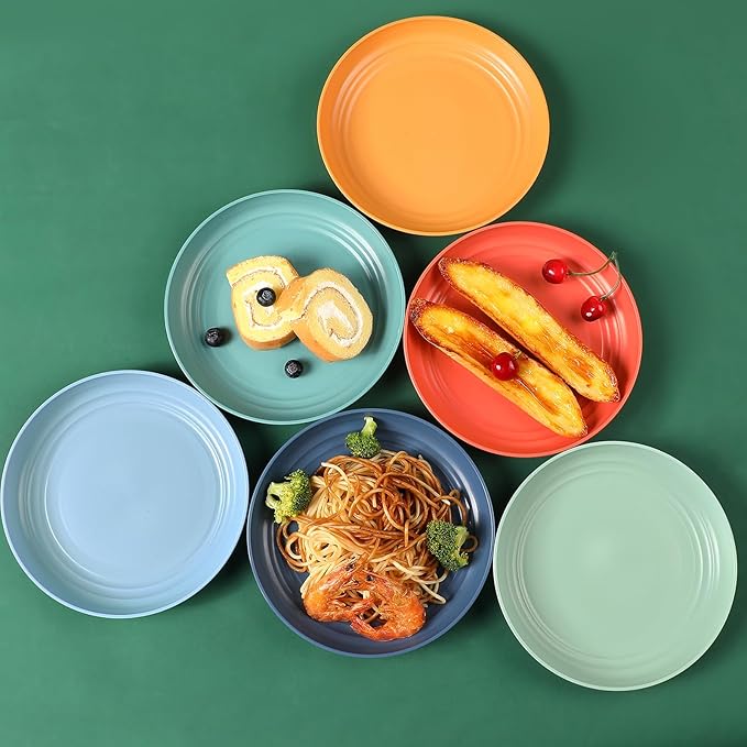 12 Pcs Unbreakable Deep Dessert Plates Set, 8 inch Reusable Plastic Wheat Straw Plates, Microwave and Dishwasher Safe Plate for Kitchen, Lightweight Plate for Dessert, BPA Free, 6 Colors