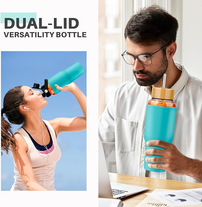 PROBTTL Glass Water Bottles 32 oz, 1 Liter Glass Tumbler, Borosilicate Water Bottle with Straw, Silicone Sleeve, 2 Lids - Handle Spout & Bamboo Straw Lid, Fits Car Cup Holder(AQUA)