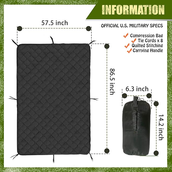 Woobie Blanket, Thermal Insulated Military Poncho Liner, Water-Resistant, Portable, Insulation, for Hiking, Survival with Compression Carry Bag (Black)