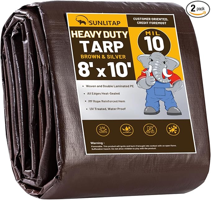 10 Mil Heavy Duty Waterproof Tarps, 8x10 Ft Finished Size Tarps, Premium Tarp with Metal Grommets & Reinforced Edge, Multipurpose Thick Tarp for Car, Boat, Roof, Camping - 2 Pack, Brown