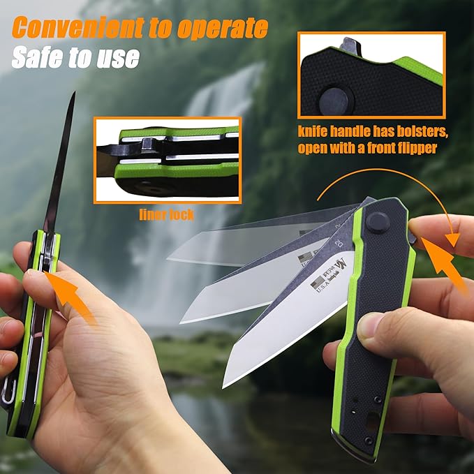 7.8in Folding Pocket Knife with D2 Steel Blade, G10 Handle, Ball Bearing Pivot, Stonewashed Finish – Outdoor EDC Utility Tool for Camping, Hiking, Survival Use(G10 - Black/Green)