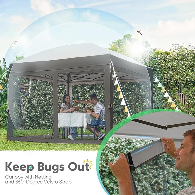 Quictent 10’x10’ Pop up Canopy Tent with Netting, One Person Instant Setup Screen House Room Tent Screened- 2 Magnetic Doors Waterproof (Gray)