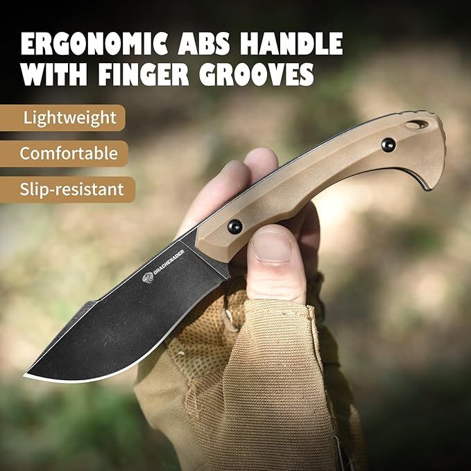 Survival Knife with Fire Starter L-Y, 7.68" Full Tang Small Fixed Blade Knife with Belt Clip, Khaki + Stonewashed Black