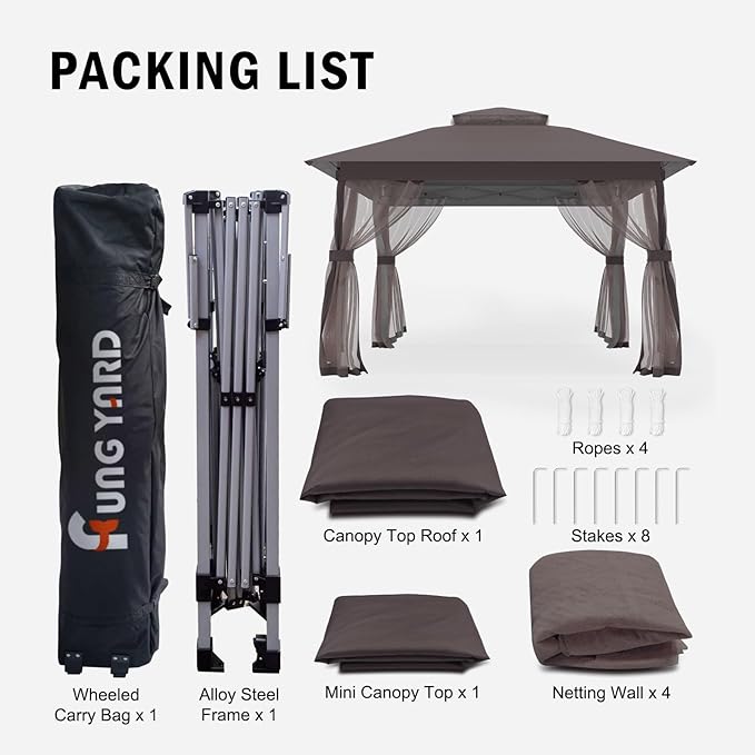Pop Up Gazebo 11x11 - Outdoor Canopy Tent with Mosquito Netting & Wheeled Carry Bag, Double Roof Gazebos for Backyard Party Garden Wedding Camping (Brown, 11x11)