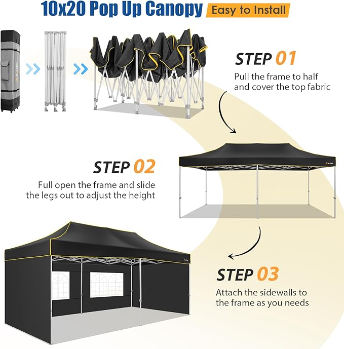 HOTEEL 10x20 Pop up Canopy Tent for Parties, Heavy Duty Easy Setup Tent with 4 Sidewalls, Outdoor Commercial Instant Gazebo for Wedding Event, with Roller Bag & Sand Bags, Black(Hexagonal Frame)