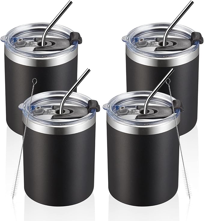MEWAY 12 oz Lowball, Tumbler Stainless Steel Double Wall Vacuum Insulated Mug with Straw and Lid, Cleaning Brush ,Durable Powder Coated Insulated Coffee Cup for Cold & Hot Drinks (Black,4 pack)