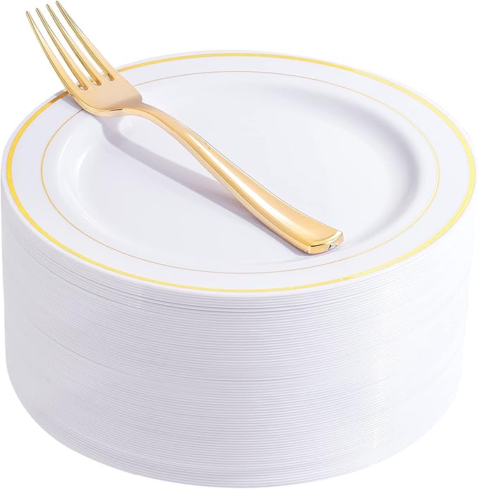 Nervure 204PCS Gold Dessert Plates with Forks - 102PCS 7.5inch Disposable Gold Plastic Plates and 102PCS Plastic Forks Perfect for Salads, Desserts, Parties, Catering, Christmas & Party & Father's Day