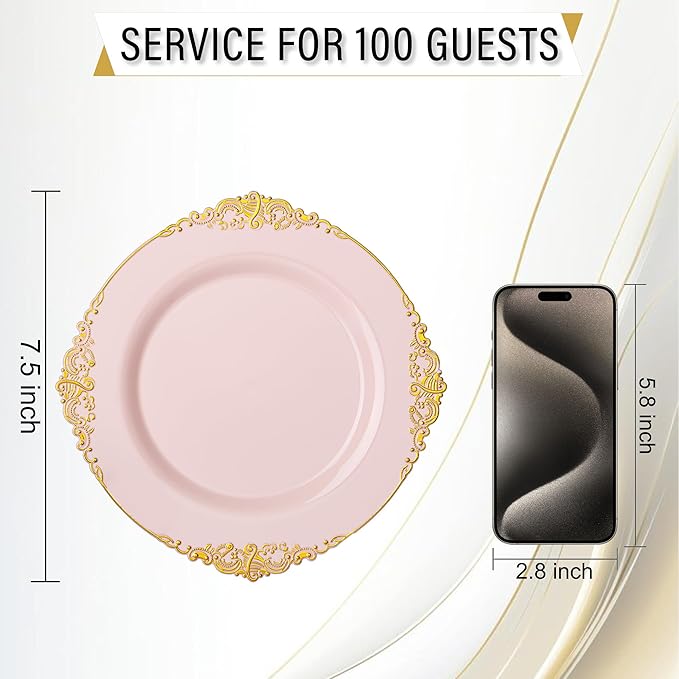 Nervure 100PCS Pink and Gold Plastic Plates - 7.5 inch Pink Plastic Plates with Gold Rim - Disposable Dessert Plate for Wedding & Party & New Year