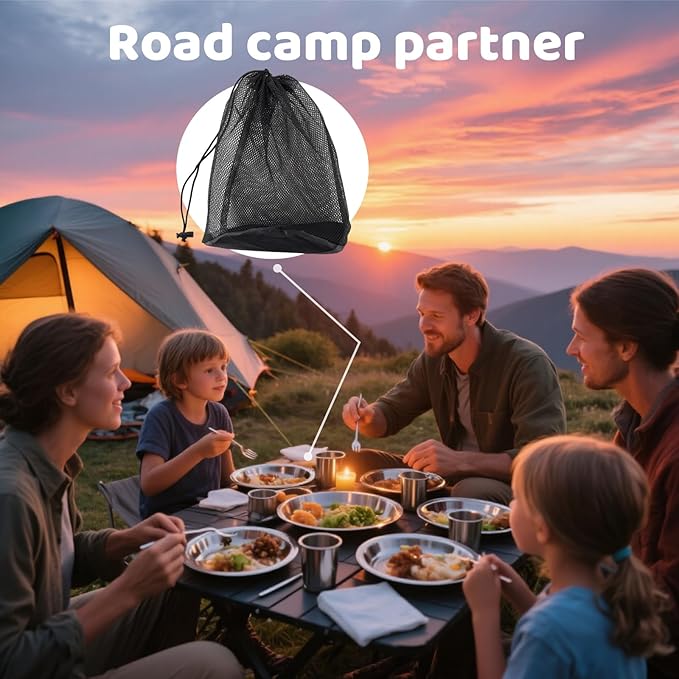 Scout Camping Mess Kits Stainless Steel Utensils Camping Dinnerware Kit Boy Scout Dishes Set Girl Scout Mess Kit with Mesh Bag Camping Cutlery Set Travel Trip School Camp Easy to Carry Clean