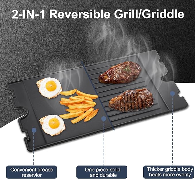 Criditpid 19.25” x 11.75” 2-in-1 Reversible Pre-Seasoned Cast Iron Cooking Griddle for Broil-Mate 746184 Grill, 11239 Flat Griddle Top Plate for Gas Stove/Charcoal/Electric/Propane/Gas Grill.