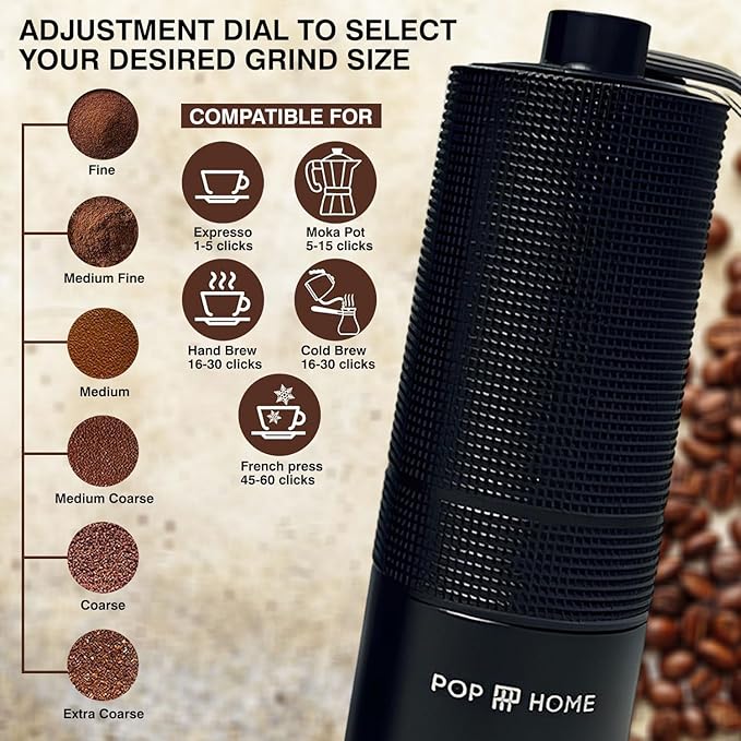 Manual Coffee Grinder with Brush - Stainless Steel Handheld Burr Mill, Adjustable Grind Settings for Espresso, Pour Over, French Press & Cold Brew, Portable Hand Coffee Grinder