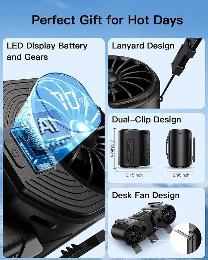 Portable Waist Fan Rechargeable, Detachable Dual Motors Personal Fans 5 Speeds 20000RPM Strong Airflow, 10000mAh 24H Runtime, Portable Neck Fan, Waist Belt Clip Fan for Outdoor, Camping (Black)
