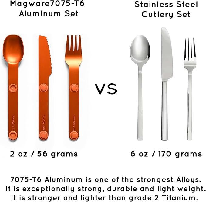 FULL WINDSOR - MAGWARE Magnetic Camping Cutlery Set - Travel Utensils for Camping, Cooking, and Outdoor Dining - Knife, Fork & Spoon - Portable Silverware with Pouch - Orange (3 PCS)