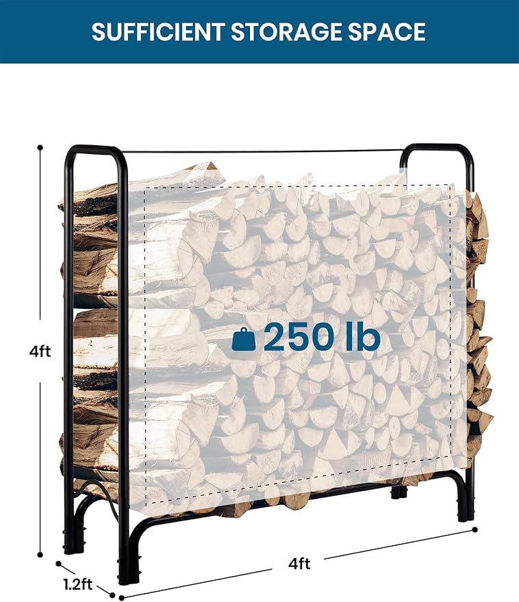 Bettermade Firewood Rack, 4ft firewood rack outdoor with cover for wood storage, Heavy Duty Weather Resistant firewood holder for Outdoor Indoor, Easy to Assemble