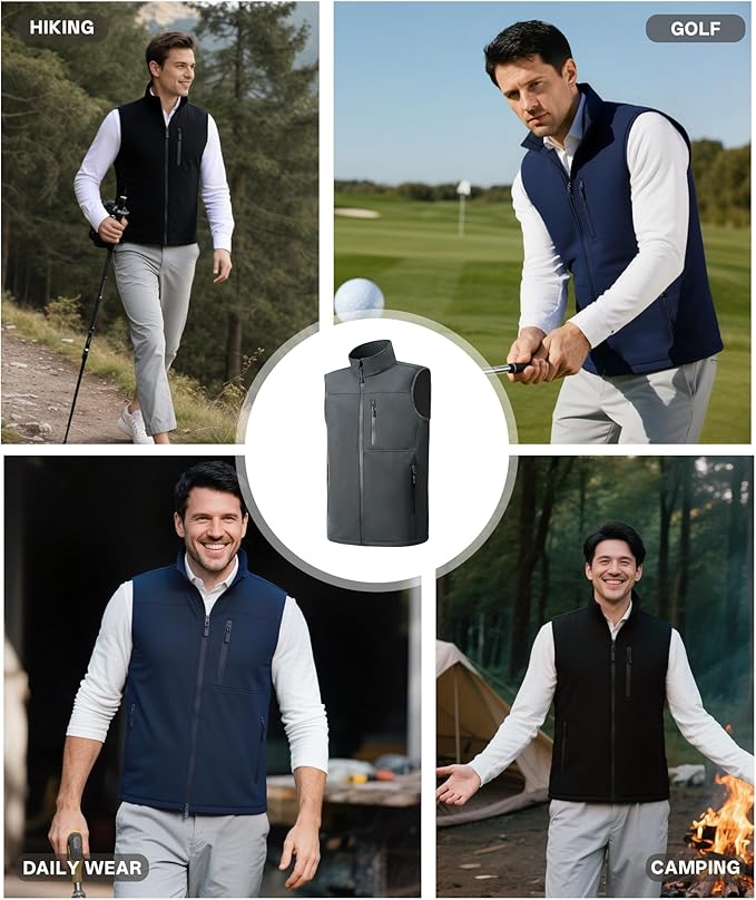 Mens Windproof Golf Vest Outerwear Fleece Lined Softshell Sleeveless Lightweight Jacket