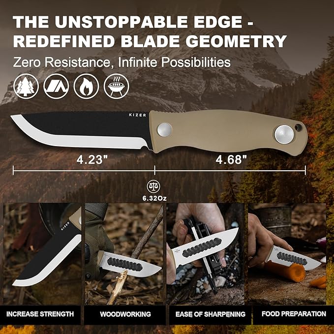 Kizer Polaris Fixed Blade Knife, 4.23" 1095 High Carbon Steel Blade Camping Knife with Tan G10 Handle, Survival Hunting Bushcraft Knives with Adjustable Sheath & Sharpener, 1100A4