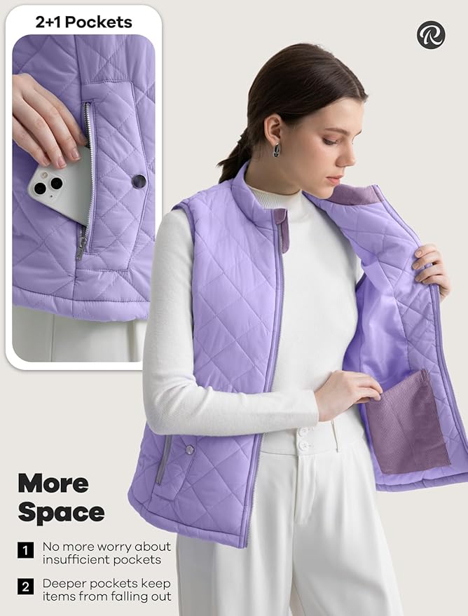 Women's Vest, Quilted Puffer Water-Resistant Zip With Pockets