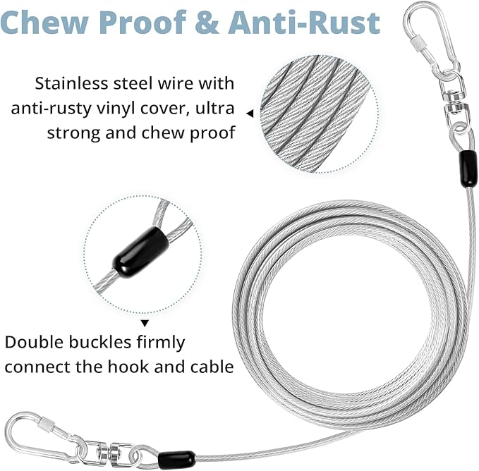 jenico Dog Tie Out Cable: 30 ft Dog Lead for Yard - Heavy Duty Chain Leash Outside for Small Large Dogs Up to 500 lbs - Outdoor Dog Runner Tether