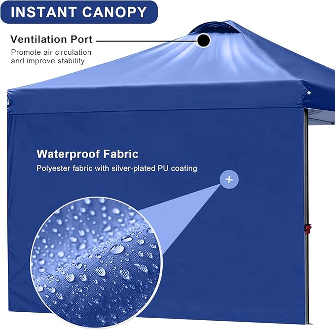 KAMPKEEPER 10x10 Pop Up Canopy Tent with 2 Sidewalls, Beach Tent - Easy Outdoor Sun Shade for Events, Parties, Camping - Gazebo with 4 Weight Bags & Carry Bag.(Navy Blue)