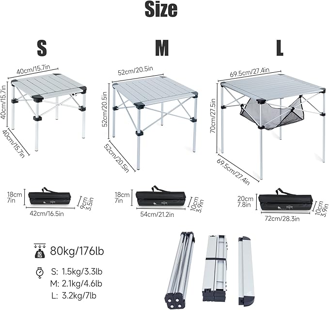 iClimb Lightweight Stable Alu. Folding Square Table Roll Up Top with Carry Bag for Camping Picnic Backyards BBQ Camp Kitchen (Silver, S)