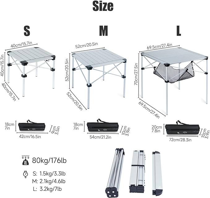 iClimb Lightweight Stable Alu. Folding Square Table Roll Up Top with Carry Bag for Camping Picnic Backyards BBQ Camp Kitchen (Nature, L)