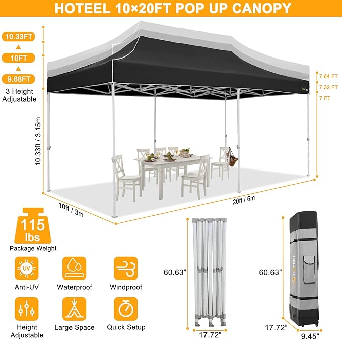 HOTEEL 10x20 pop up Canopy Tent for Parties Heavy Duty Easy Setup Party Tent,Outdoor Commercial Instant Gazebo for Wedding Event, with Roller Bag & Sand Bags,Upgraded Thick Hexagonal Legs,Black