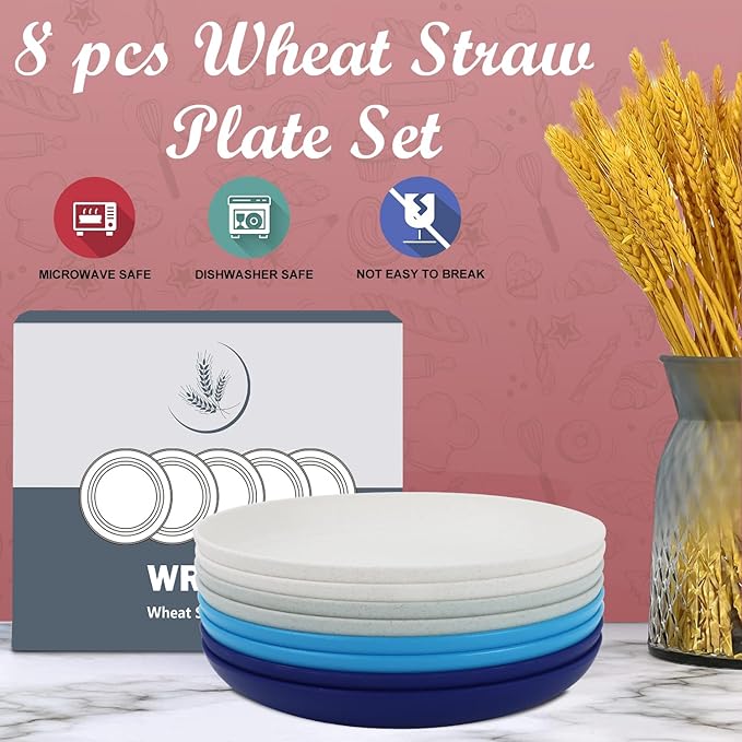 Wheat Straw Plates - 10 Inch Unbreakable Dinner Plates Set of 8 - Dishwasher & Microwave Safe Plastic Plates Reusable - Plates easy to clean for kitchen,camping.White-Grey-Blue, Island Series
