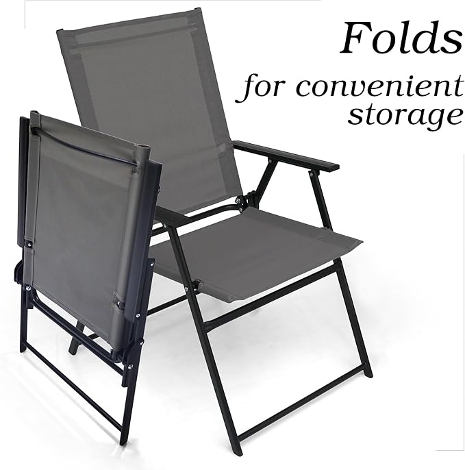 4 Pcs Patio Dining Chairs with Armrests Folding Outdoor Chairs Used for Camping Garden Backyard Pool Porch - Lightweight Grey Sling High Back