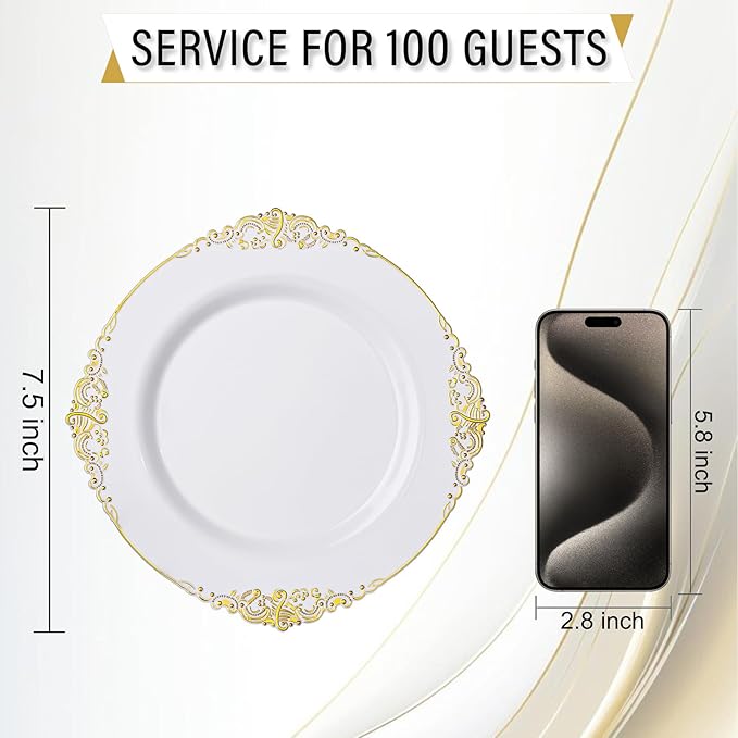 Nervure 100PCS White and Gold Plastic Plates - 7.5inch Gold Disposable Plates - Heavyweight Plastic Plates - Dessert Plates for Wedding & Party & Thanksgiving