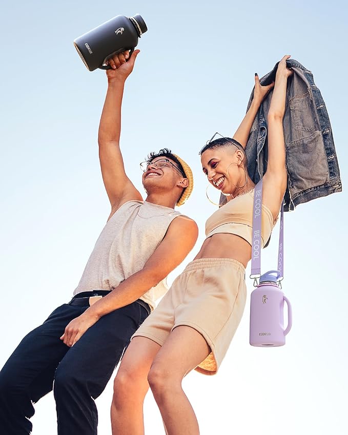 Coolflask Half Gallon Water Bottle with Straw, 64 oz Insulated Stainless Steel Water Jug With Handle Metal Double-Walled Vacuum Large Flask With Strap Leakproof, Keep Cold 48 Hrs Hot 24hrs, Lavender