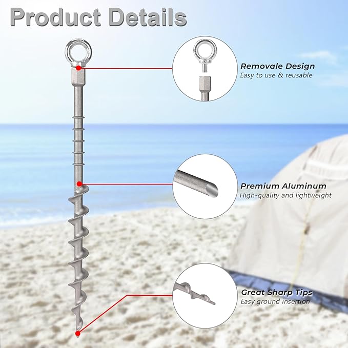 8 Pcs 14" Ground Anchors Screw in Non-Rust Cast Aluminum Detachable Tent Stakes for Camping Tents, Sand, Trampoline, Swing Sets and Sheds