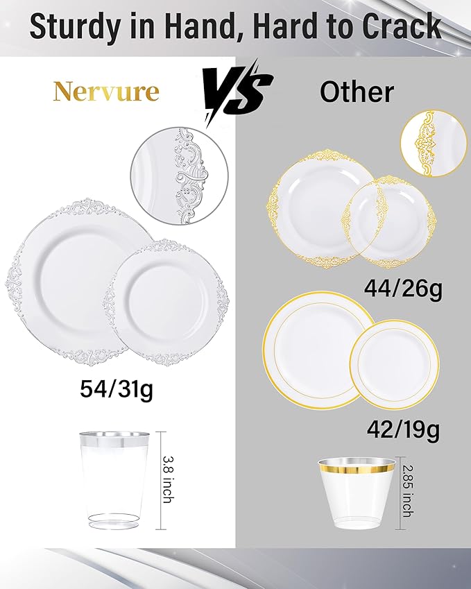 Nervure 175PCS Silver Plastic Plates - White and Silver Disposable Plates for 25 Guests Include 50Plates, 25Cups, 25Forks, 25Knives, 25Spoons, 25Napkins for Wedding & Party