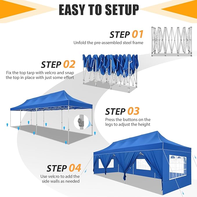 HOTEEL Tents for Parties 10x30 Pop Up Canopy Tent Heavy Duty with 8 Sidewalls, Commercial Party Tent Event Wedding Instant Canopy Waterproof with Carry Bag, UV 50+, Thicked Hexagonal Legs, Blue