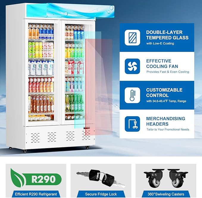 40 Cu.ft Commercial Beverage Refrigerators Glass Door Refrigerator Commercial Cooler with LED Light and 10 Shelves, Display Refrigerator for Restaurant Store Cafe Bar, White
