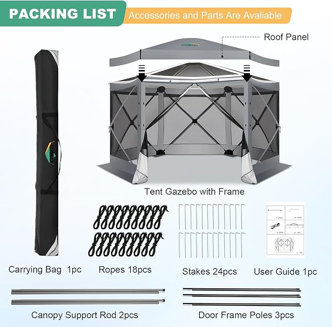 COBIZI 12x12 Pop up Gazebo Screen House Tent for Camping, Outdoor Canopy with Removable Roof&Mosquito Netting, Portable Hub with Carrying Bag and Ground Stakes, Grey