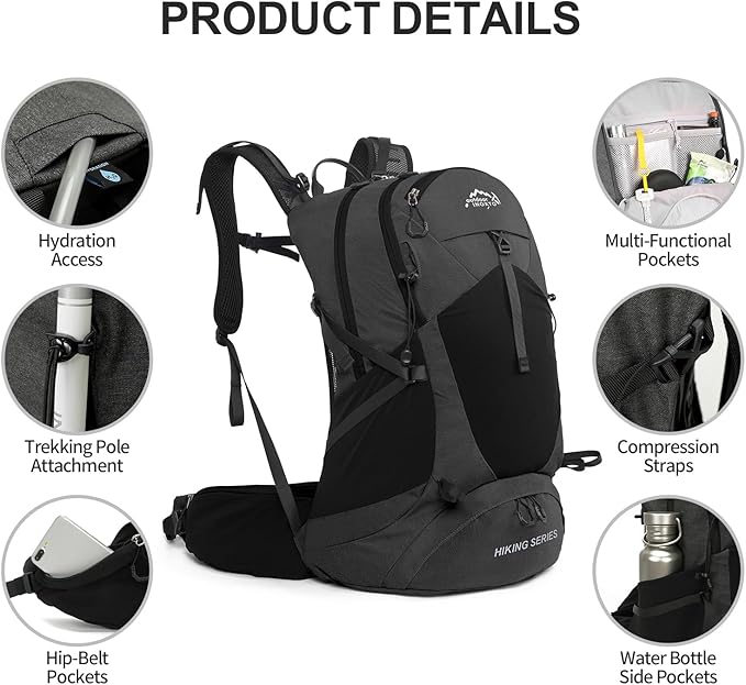 Hiking Backpack,35L Waterproof Hiking Daypack with 3L Water Bladder and Rain Cover, Lightweight Travel Camping Backpack for Men Women (Black)