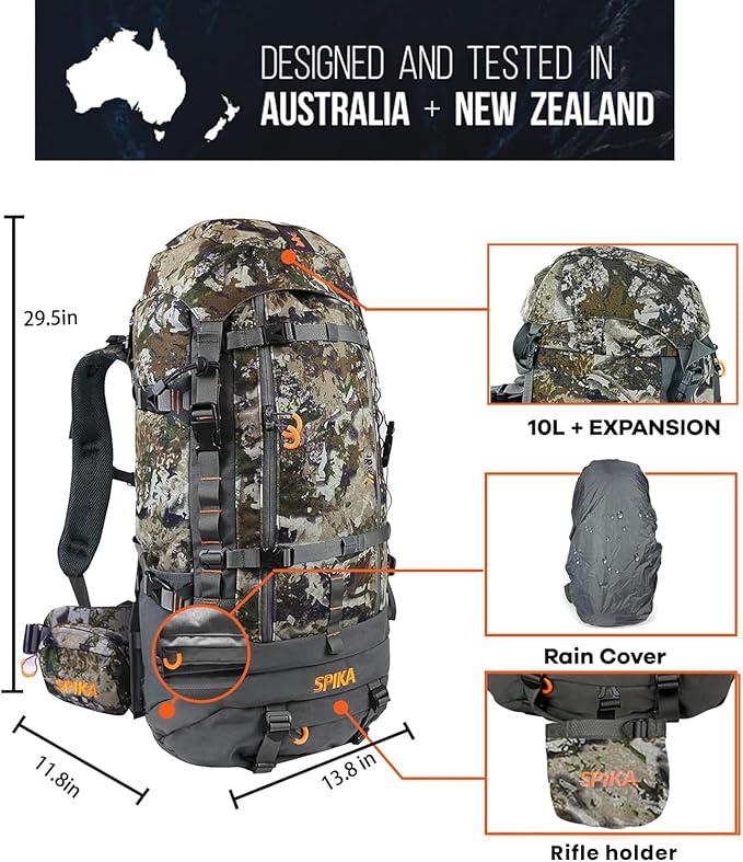 SPIKA Hunting Backpacks for Men, Meat Hauler Frame Pack with Rifle Holder, 40L/80L Extendable + Capacity for Bow Rifle Gun