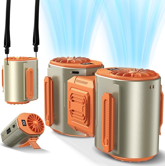 Andwing Portable Waist Fan Rechargeable, Detachable Dual Motors Personal Fans 5 Speeds 20000RPM Strong Airflow, 10000mAh 24H Runtime, Portable Neck Fan, Waist Belt Clip Fan (Grey&Orange)