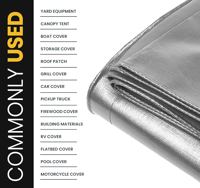 PROTARP Extra Heavy Duty 16 Mil Tarp Cover, Waterproof, UV Resistant, Rip and Tear Proof, Poly Tarpaulin with Reinforced Edges for Roof, Camping, Patio, Pool, Boat. (Silver/Black 24′ X 50′)